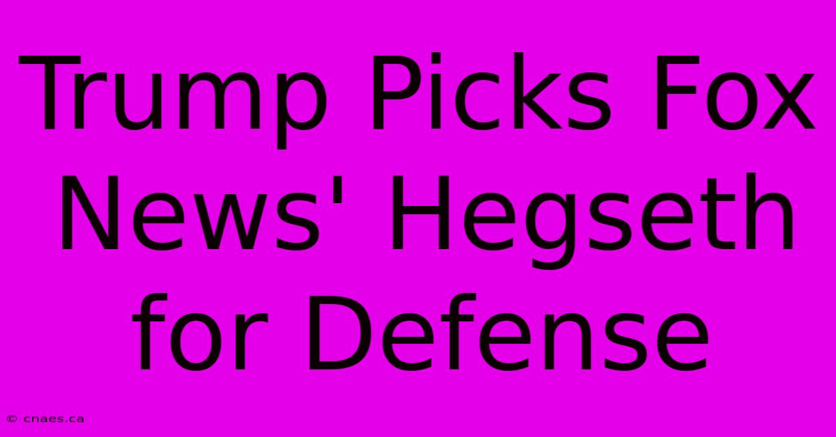 Trump Picks Fox News' Hegseth For Defense 